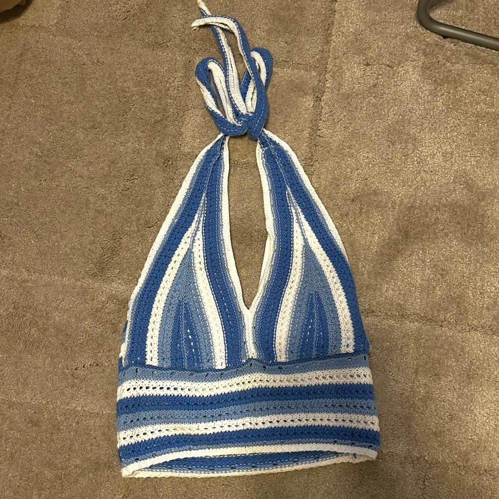 Blue and white Hollister crochet style halter top